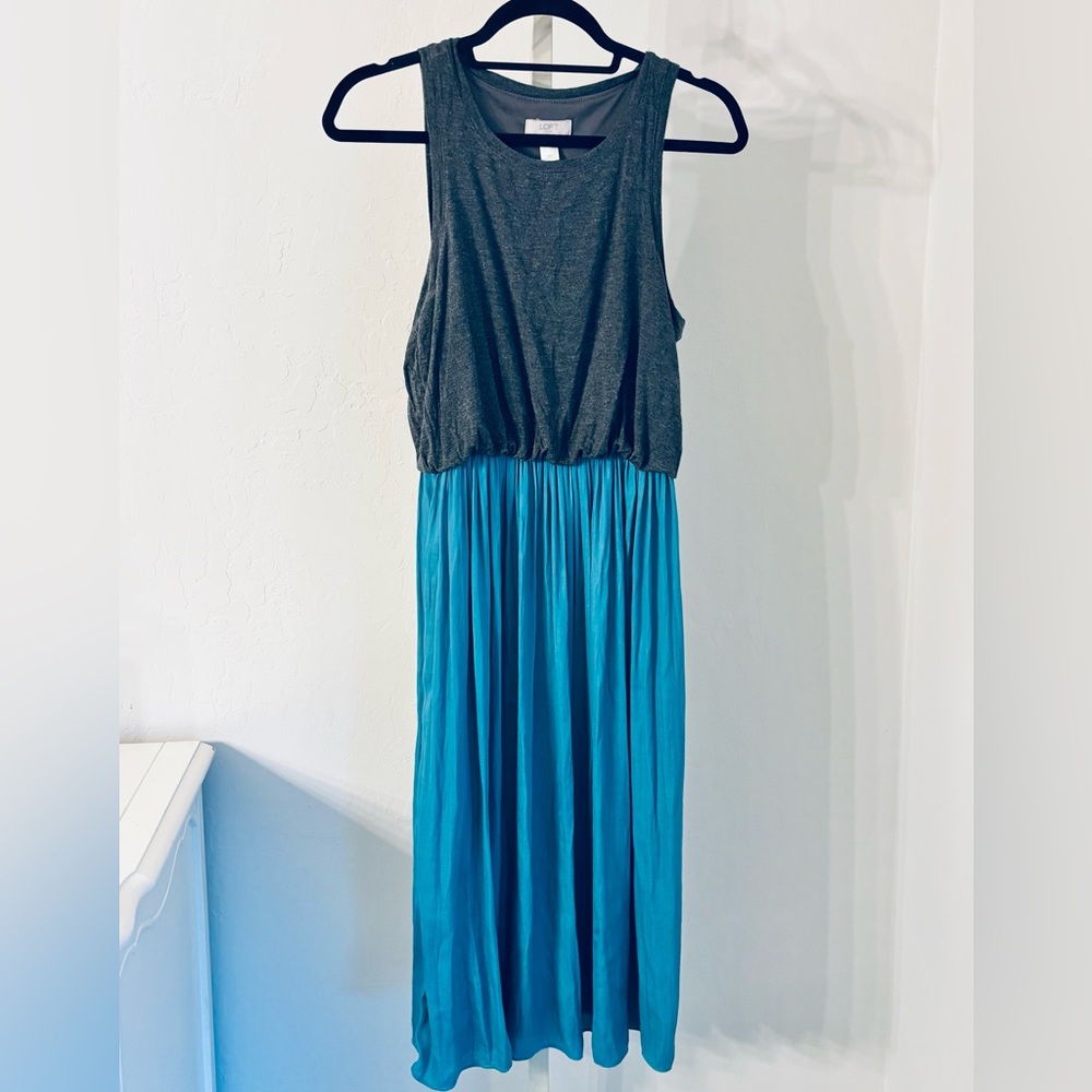 Loft Petite Two Tone Sleeveless Blouson Dress in Gray and Teal Blue, Size Medium
